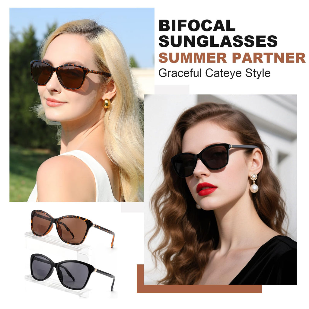 SKYOLUY Premium Bifocal Reading Sunglasses for Women, Retro Cateye Sun Readers UV400 Protection, Classic Shades Black & Tortoise (1 Black & 1 Tortoise, 2.00)