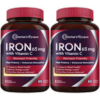 Doctor's Recipes Iron Supplement 65 mg with Vitamin C - Maximized Absorption & Stomach Friendly Iron Pills for Red Blood Cells Formation, Heart, Brain & Immunity Health - Vegan 120 Iron Tabs (2 Pack)
