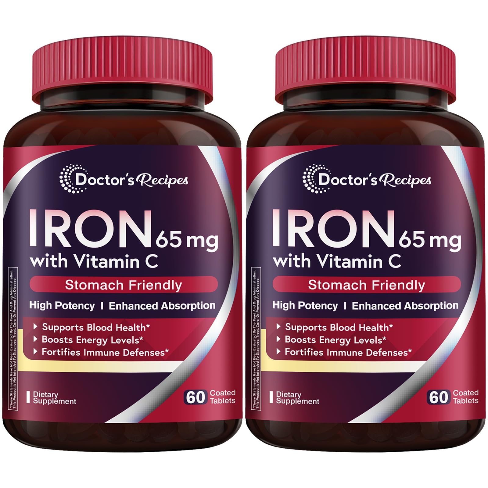 Doctor's Recipes Iron Supplement 65 mg with Vitamin C - Maximized Absorption & Stomach Friendly Iron Pills for Red Blood Cells Formation, Heart, Brain & Immunity Health - Vegan 120 Iron Tabs (2 Pack)