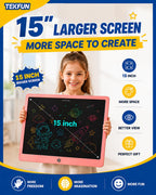 TEKFUN 15 Inch LCD Writing Tablet for Girls Ages 3–12, Large Drawing Tablet for Kids, Screen-Free Writing Pad for Learning Quiet Time, Creative Christmas Gift for 3 4 5 6 7 8 Year Old Girl (Pink)
