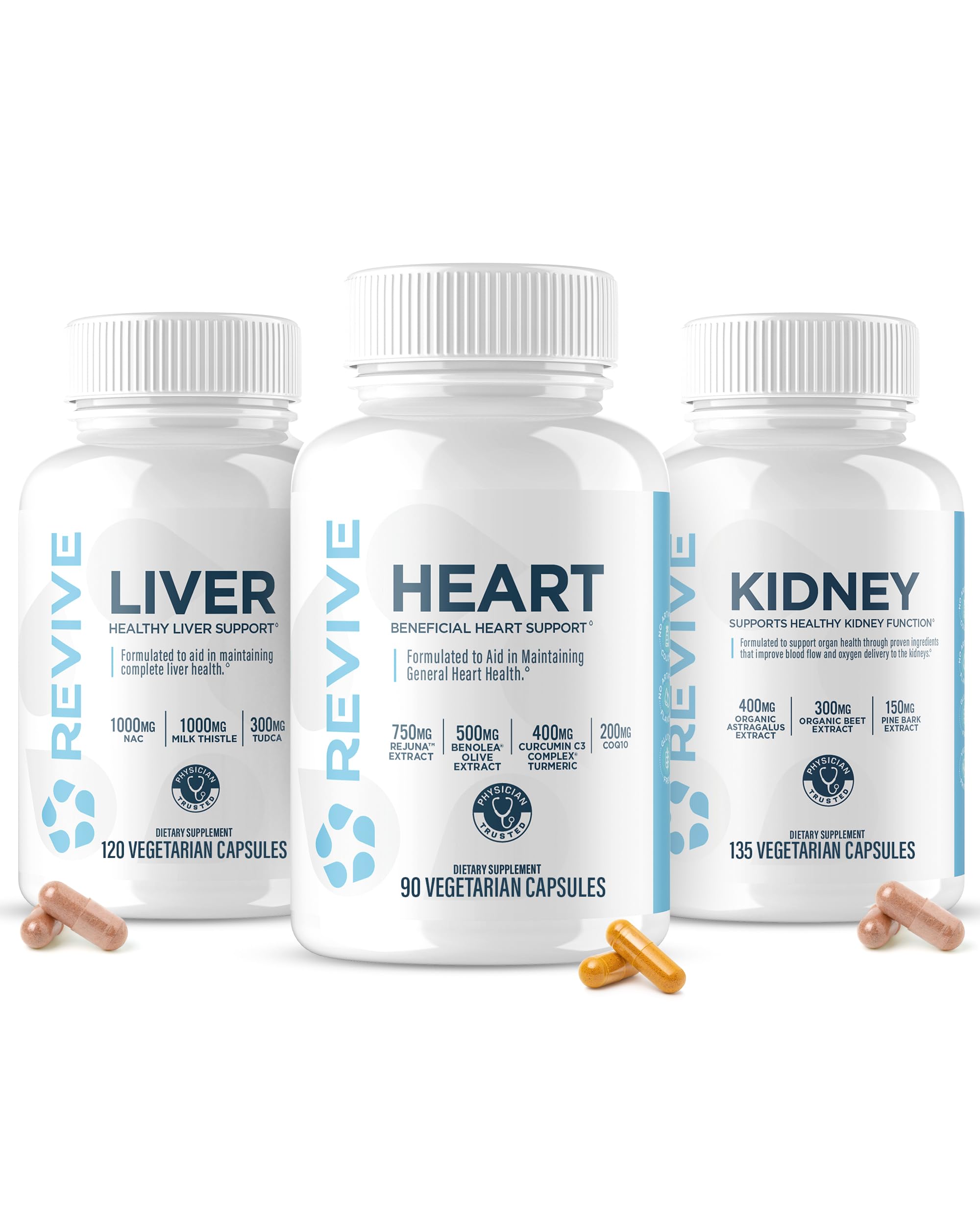 Revive MD Supplement Bundle for Heart, Kidney & Liver Health – Daily Organ Support with Natural Ingredients – Vegan, Gluten-Free & Soy-Free Supplements for Men & Women – 45 Servings + 30 Servings (x2)