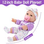 UZIDBTO 12" Baby Doll with Flower Pattern Backpack Carrier,12 Inch Realistic Baby Dolls with Clothes and Accessories Hanky Pacifier Bottle Diaper Toy Pretend Play Collection for 3+ Child Girls Gifts