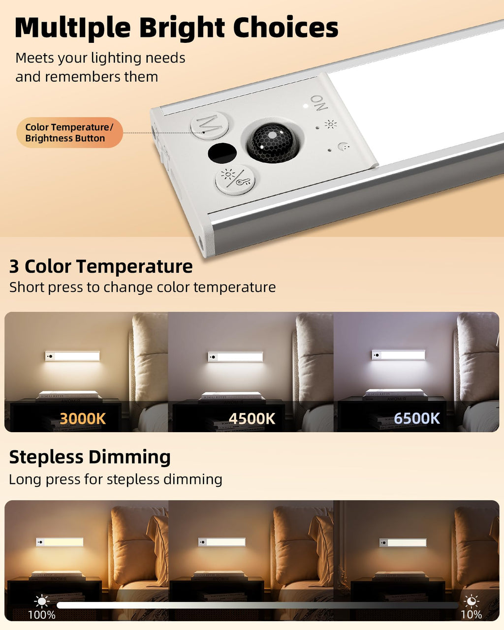 EZVALO 10inch Under Cabinet Lighting, 2 Pack 2400mAh Rechargeable Wireless Motion Sensor Lights Indoor, 3 Color Temps Dimmable Magnetic Closet Lights, Under Counter Lights for Kitchen, Pantry, Stairs