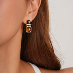 Sylph Tiger Eye Stud Earrings for Women, 18K Gold Plated and Black Brown Stone Dangle Drop Earring, Tigers Eye Jewelry Gifts