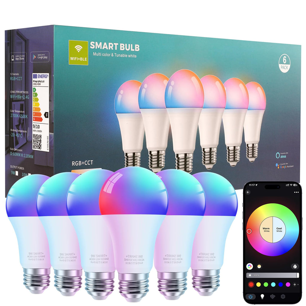 FRIDEKO HOME Smart Light Bulbs - Led Dimmible Color Changing Light Bulb for Home Works with Bluetooth Music Sync - A19 RGB Lightbulb for E26 Base with APP Control & Timer (6 Pack)
