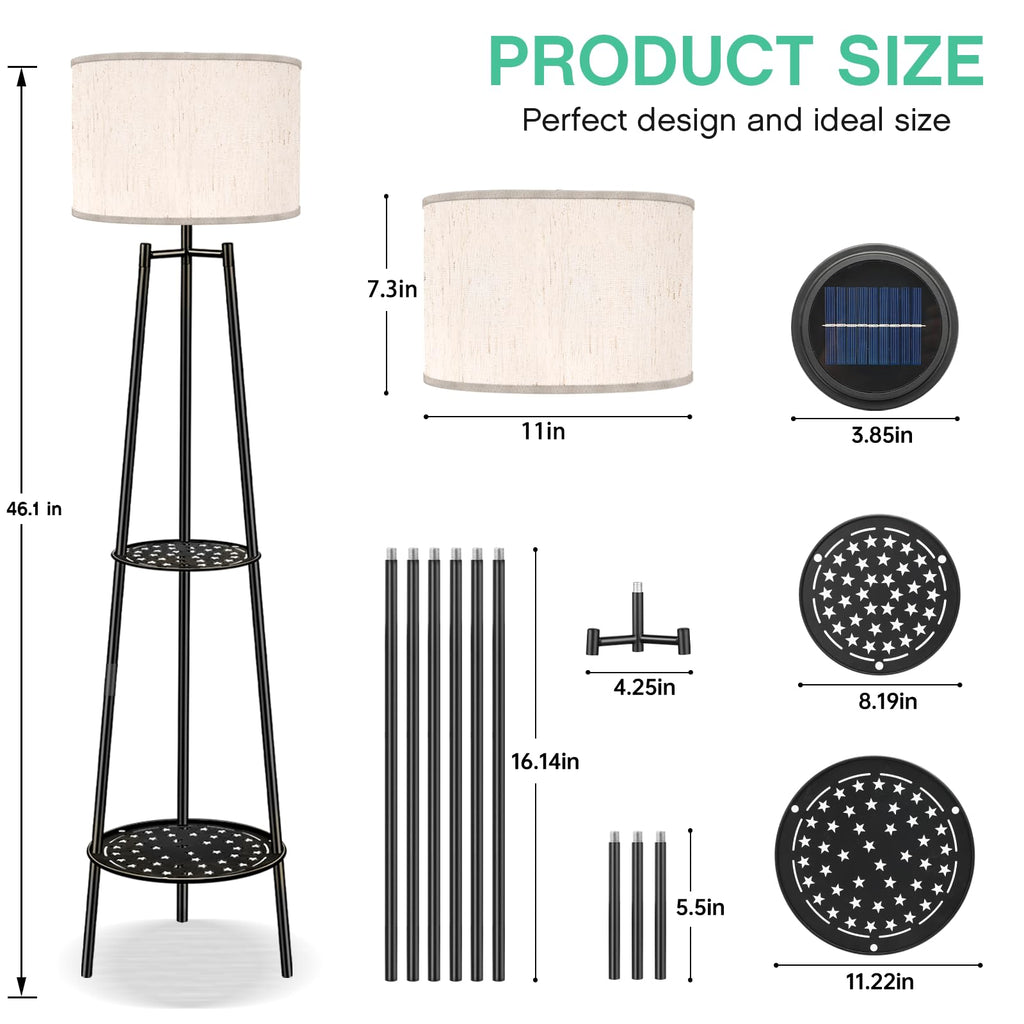 VISFLAIR Outdoor Solar Floor Lamp with 2-Tier Plant Stand, Cordless 46'' Tall Standing Patio Light with White Shade & Edison Bulb, Waterproof Metal Display Shelf for Porch, Deck, Balcony Garden Decor