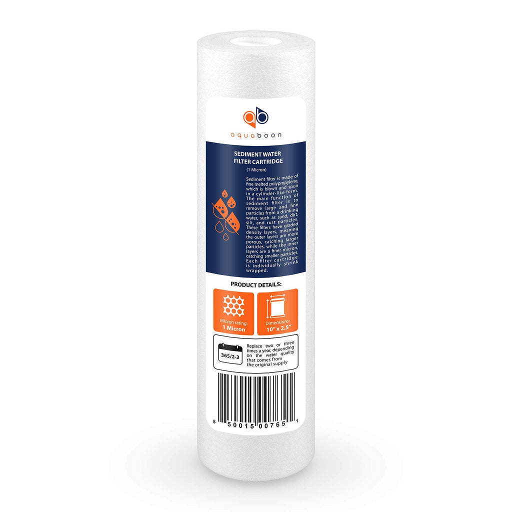 Aquaboon 1 Micron Whole House Sediment Filter 10 x 2.5 for RO & Well Water Filters Replacement Cartridges Compatible with AP110, WHKF-GD05, 25 Pack