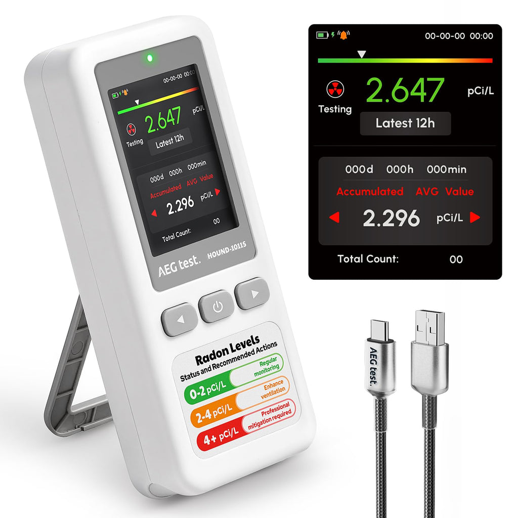 AEGTEST HOUND-1011S Portable Radon Detector, High-Accuracy Sensor for Home, Lightweight, Audible & Visual Alarms, Long-Term Monitoring, Easy-to-Use Radon Tester in pCi/L or Bq/m³ for Basement