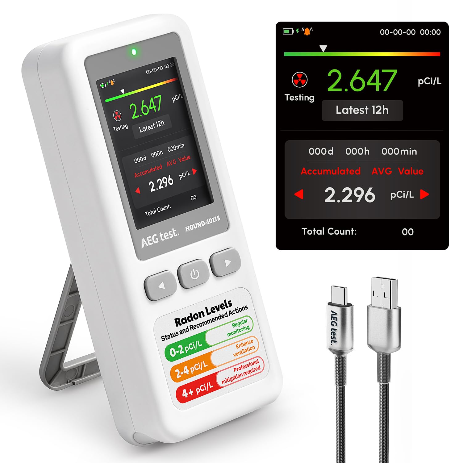 AEGTEST HOUND-1011S Portable Radon Detector, High-Accuracy Sensor for Home, Lightweight, Audible & Visual Alarms, Long-Term Monitoring, Easy-to-Use Radon Tester in pCi/L or Bq/m³ for Basement