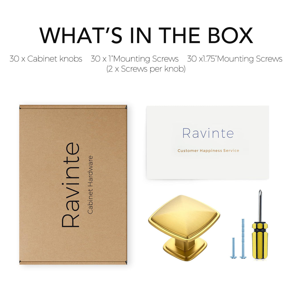 Ravinte 30 Pack Square Single Hole Gold Kitchen Cabinet Knobs Dresser Drawer Cabinet Pulls Drawer Knobs Cupboard Hardware Contemporary Antique Rustic Pulls with Screwdriver