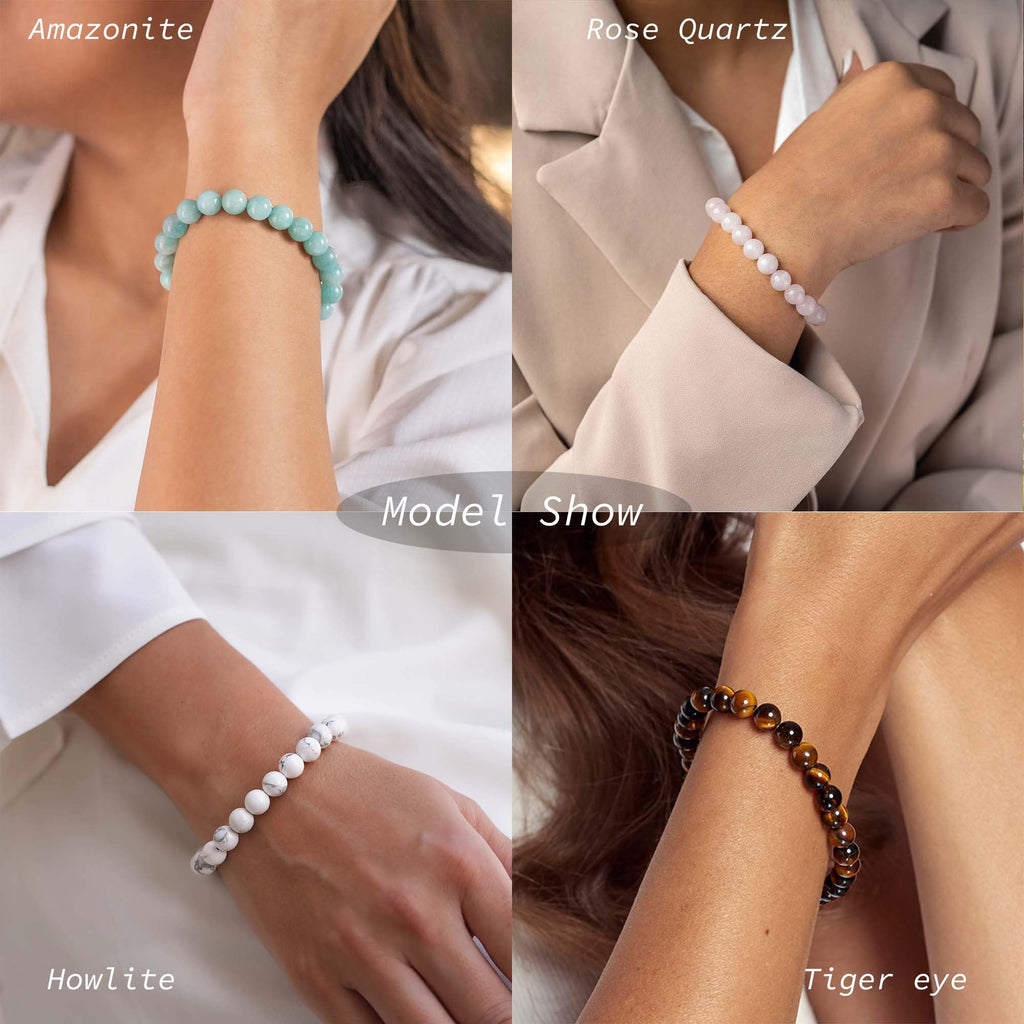 FIRAZIO 12Pcs Natural Stone Beaded Bracelets for Women Men Semi-Precious Gemstones Bracelets Crystal Bracelet Unisex Adjustable Stretch Bracelets (8MM)