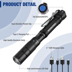 WORKPRO Rechargeable Pen Light, Mini Flashlight, 2 Pack Ultra-Compact EDC Flashlight, Pocket Flashlight with Clip, Memory Function and 2 x USB C Cable Included, Black