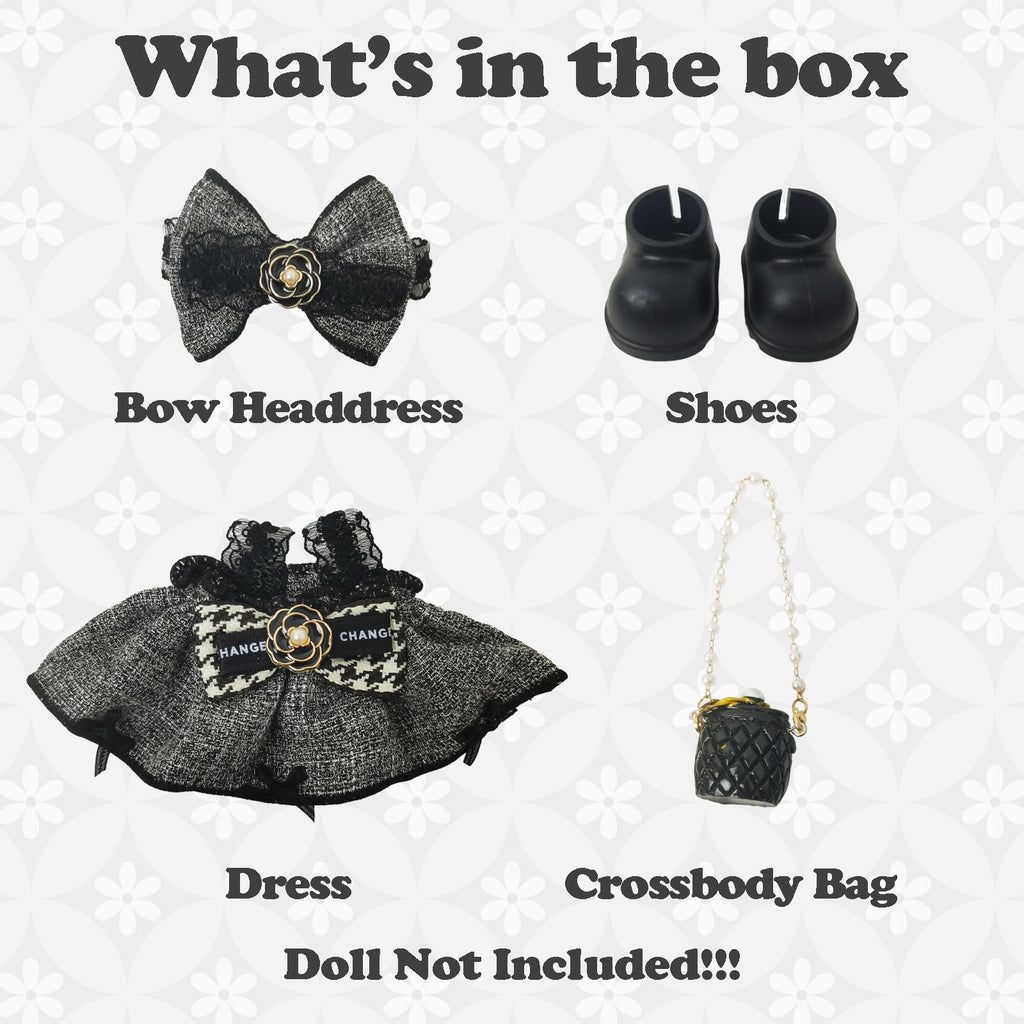 Clothes Compatible with LABUBU Doll – 4PCS Houndstooth lace Dress Set, 17cm Doll Clothes Designer Outfit for Urban Chic Theme, Classic Stylish Accessories for Labubu, No Doll (Houndstooth Rebel)