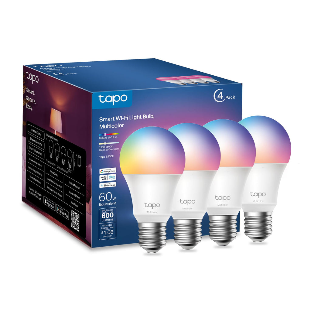 Tapo TP-Link Smart Light Bulbs, 16M Colors RGBW, Dimmable, Compatible with Alexa and Google Home, A19, 60W Equivalent, 800LM CRI>90, 2.4GHz WiFi only, No Hub Required, L530E(4-Pack)