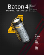 OLIGHT Baton4 Rechargeable EDC Flashlight, Bright Small Flashlight 1300 Lumens with MCC Charging Cable, IPX8 Waterproof, Multiple Modes Pocket Light for Home, Camping, and Emergencies (Fighter Pilot)