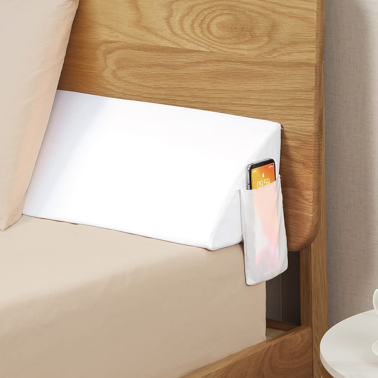 Vekkia Queen Bed Wedge Pillow for Headboard – High-Density Foam Fills Gaps (0-5.5") Between Mattress and Headboard, Wedge Pillow with Pockets for Phone & Remotes, Washable Cover(White)