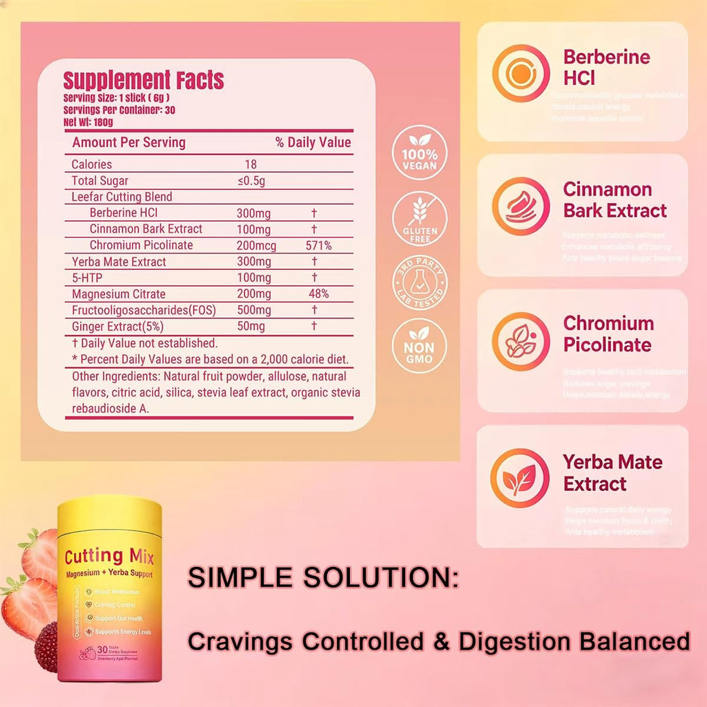 INFNTVITA Cutting Drink Mix – Energy & Metabolism Support | Berberine, Yerba Mate & Prebiotic Fiber | Gut Health & Daily Wellness | Sugar-Free, Vegan | 30 On-The-Go Stick Packs