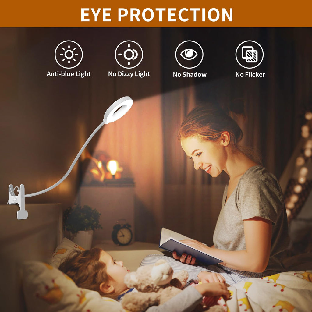 iZELL Reading Light, USB Clamp Lamp for Child Reading Book in Bed at Night, LED Small Desk Lamp with Silicone Adjustable Arm Clip on Beside Table for Studying Working Drafting Sewing - 15.8‘’ White