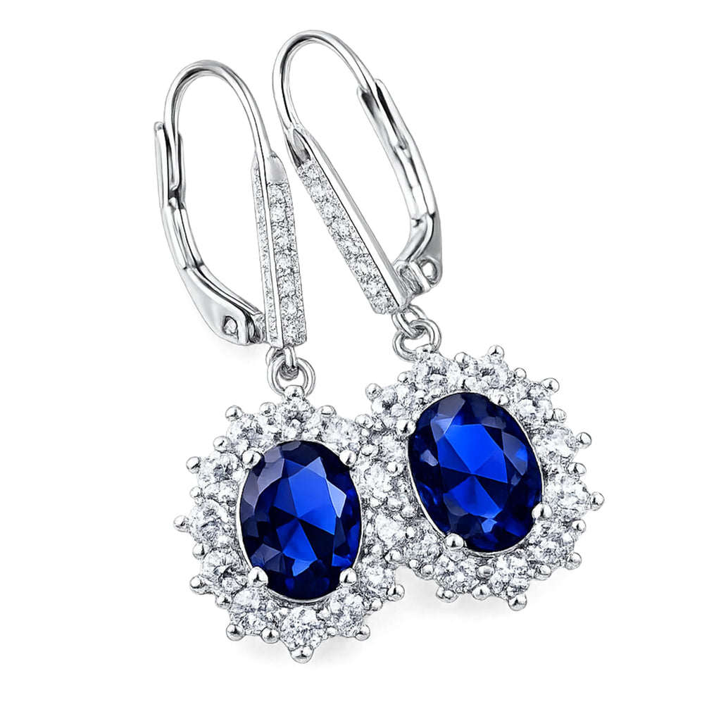 Amy & Annette Blue Sapphire Earrings - 18k White Gold Plated Leverback Drop and Dangle Halo Earring for Women - Great Gift Idea for Every Occasion