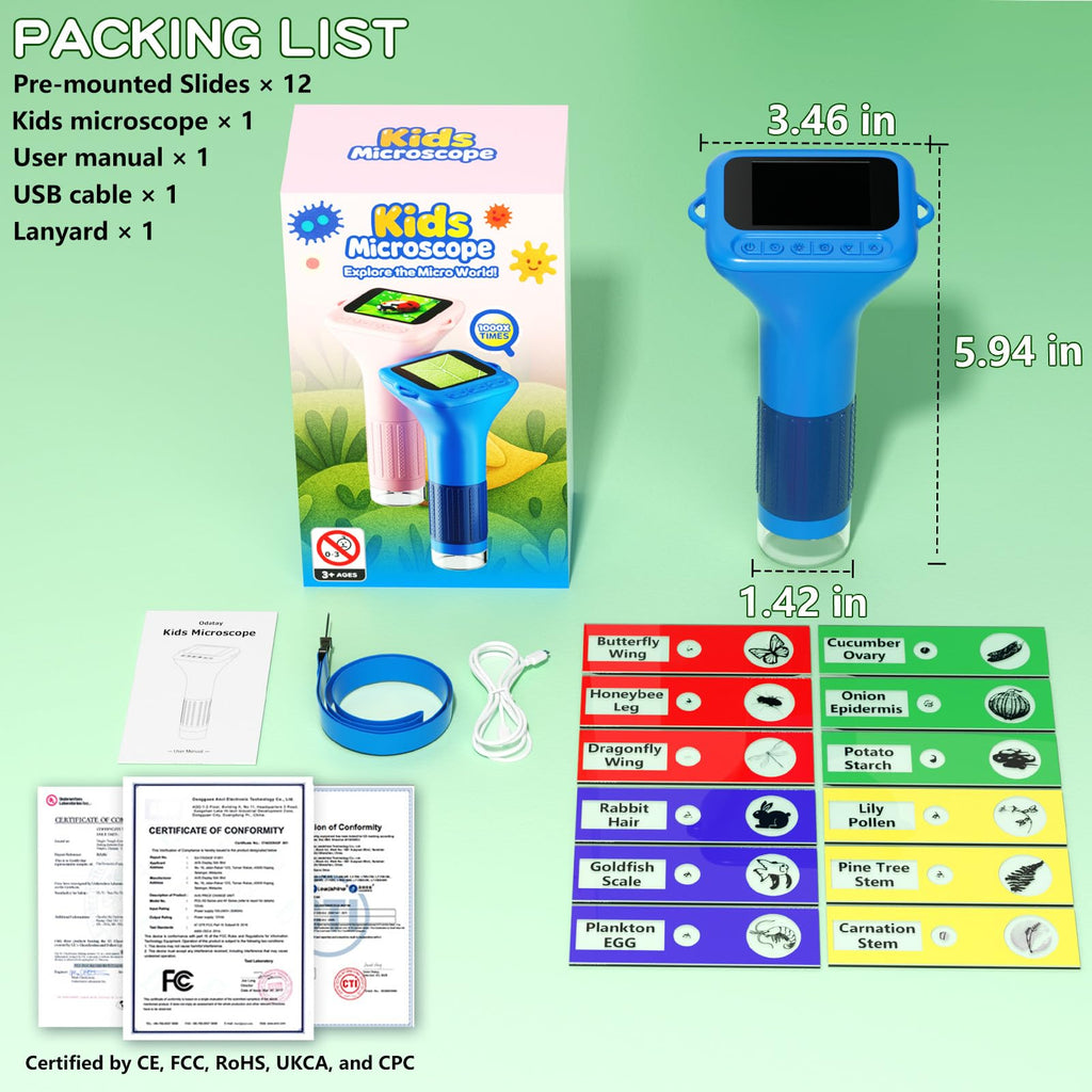 Odatay Microscope for Kids with 12 Slides, 100X-1000X 1080P Digital Handheld Kids Microscope, Mini Portable Pocket Miniscope Science Toys Gifts for 3+ 4 5 6 7 8 9 10 11 12 Year Old Boys Girls, Blue