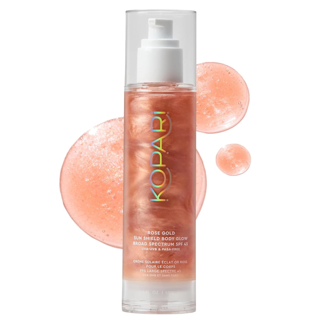 Kopari Sun Shield Body Glow, Broad Spectrum SPF 45, Lightweight Shimmering Gel Texture Absorbs Quickly, Non Sticky, Glowing Results, Rose Gold 5 oz