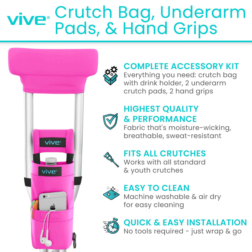 Vive Premium Crutch Pads, Bag, & Hand Grips (5 PCS) - Crutches for Adults Armpit Padding, Hand Grips, Accessories Pouch - Soft Tips Medical Padded Handles for Kids, Men, Women - Lightweight (Pink)