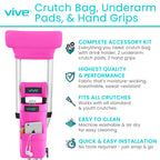 Vive Premium Crutch Pads, Bag, & Hand Grips (5 PCS) - Crutches for Adults Armpit Padding, Hand Grips, Accessories Pouch - Soft Tips Medical Padded Handles for Kids, Men, Women - Lightweight (Pink)