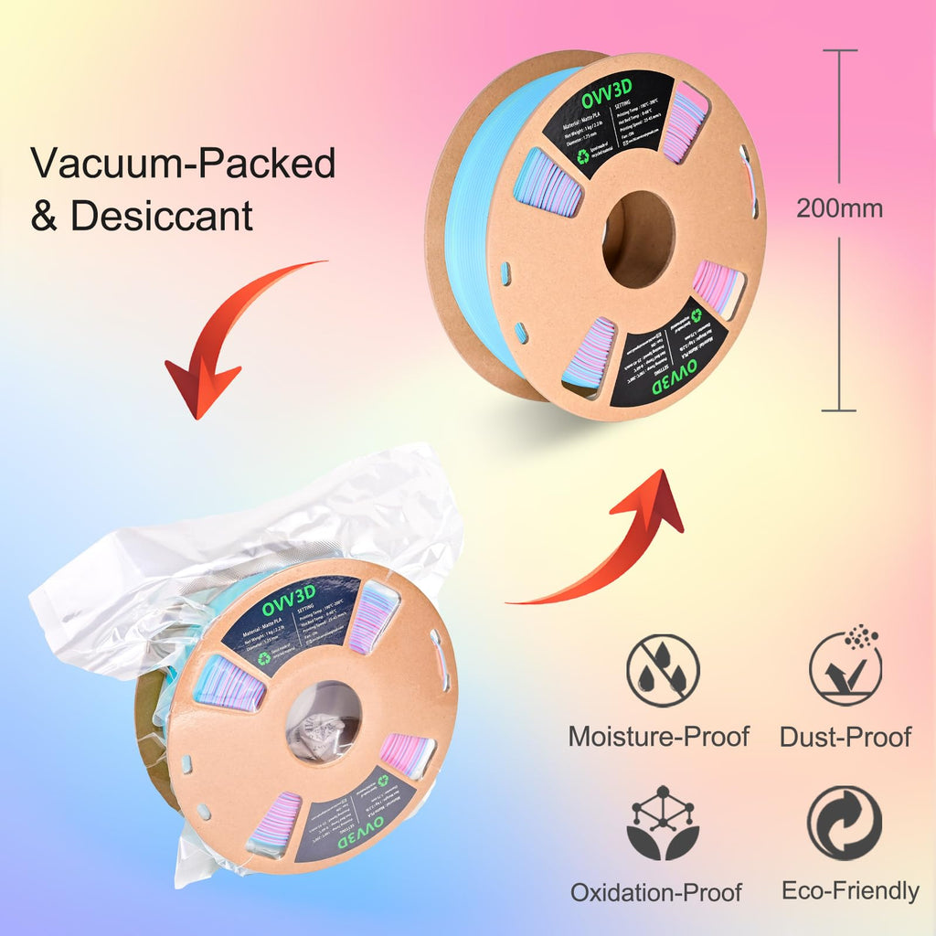 OVV3D Rainbow PLA Filament 1.75mm, Pastel Filament Multicolor Matte PLA 1kg