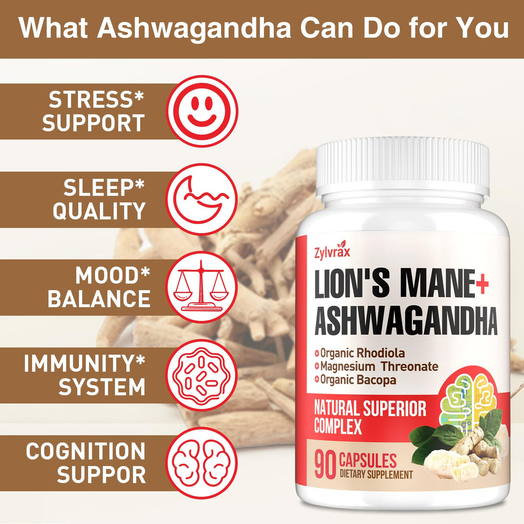 Ashwagandha & Lions Mane Supplements Capsules, Brain Supplements for Memory and Focus, Ashwagandha with Rhodiola Rosea for Cognitive, Immune Support, Cortisol Supplements for Women, 90 Capsules