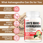 Ashwagandha & Lions Mane Supplements Capsules, Brain Supplements for Memory and Focus, Ashwagandha with Rhodiola Rosea for Cognitive, Immune Support, Cortisol Supplements for Women, 90 Capsules