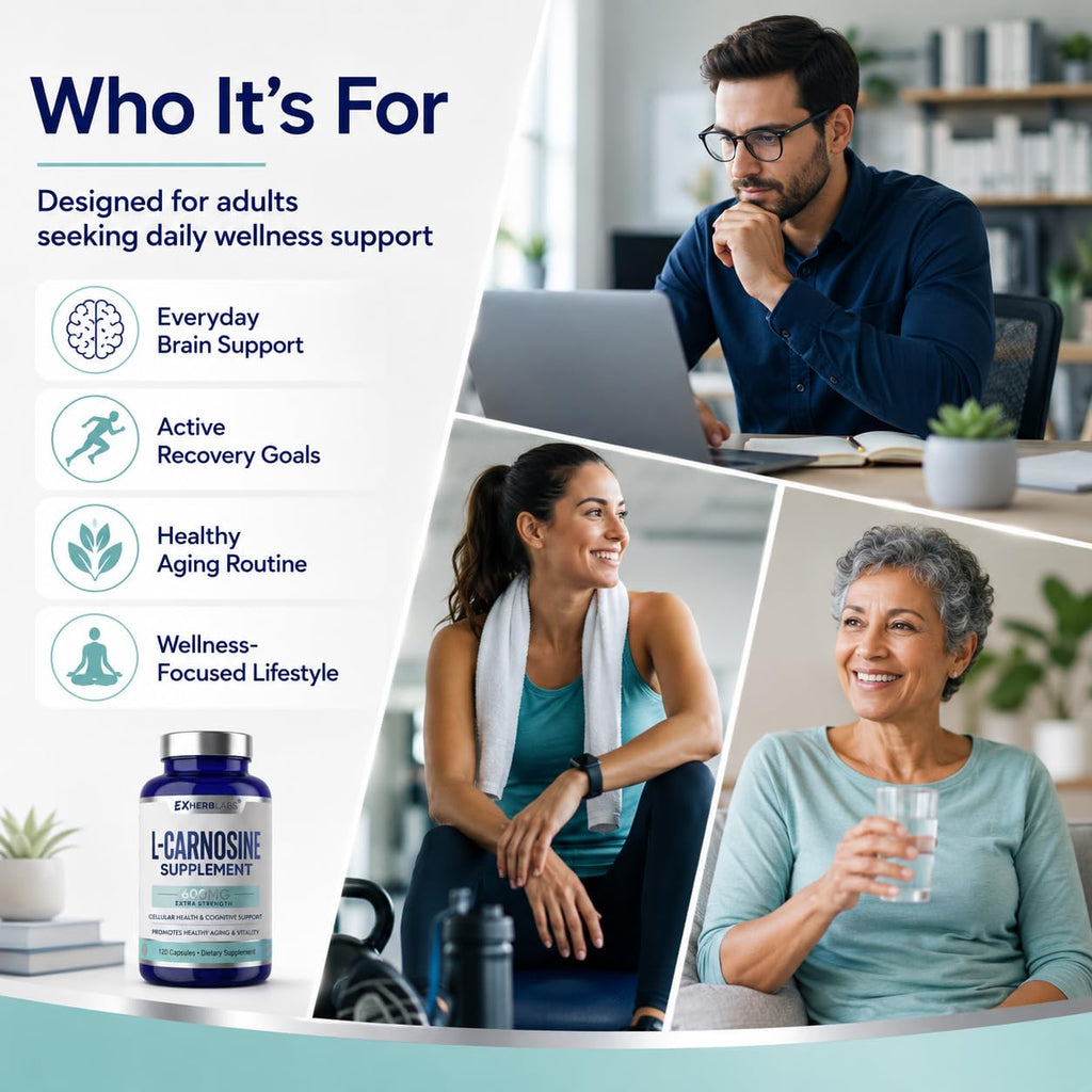 L-Carnosine 600mg Capsules, Premium Carnosine Supplement for Cellular Rejuvenation & Brain Support, Advanced L Carnosine Supplement for Antioxidant Defense & Muscle Recovery, 120 Capsules