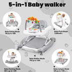 Boyro Baby Baby Walker, 5-in-1 Baby Walkers for Boys and Girls 6-12 Months with Bouncer, Removable Footrest, Feeding Tray & Music, Foldable & Adjustable Activity Walker for 6-18 Months Toddler Infant