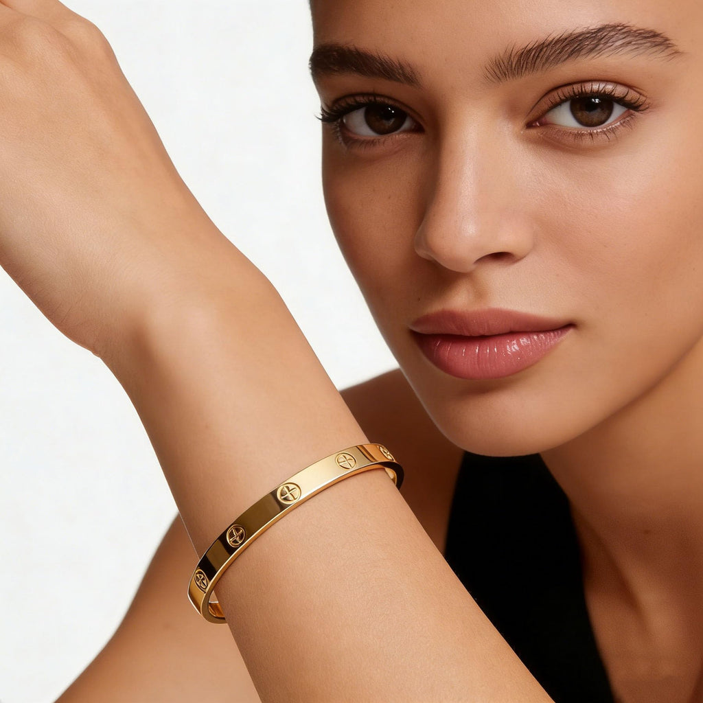 LUCSIS Waterproof 18K Gold PVD Plated Bracelet for Women, Non-Tarnish Stainless Steel Bangle with Engraved Cross Pattern and 5A Cubic Zirconia, Trendy Jewelry Gift for Her (Gold, M/L)