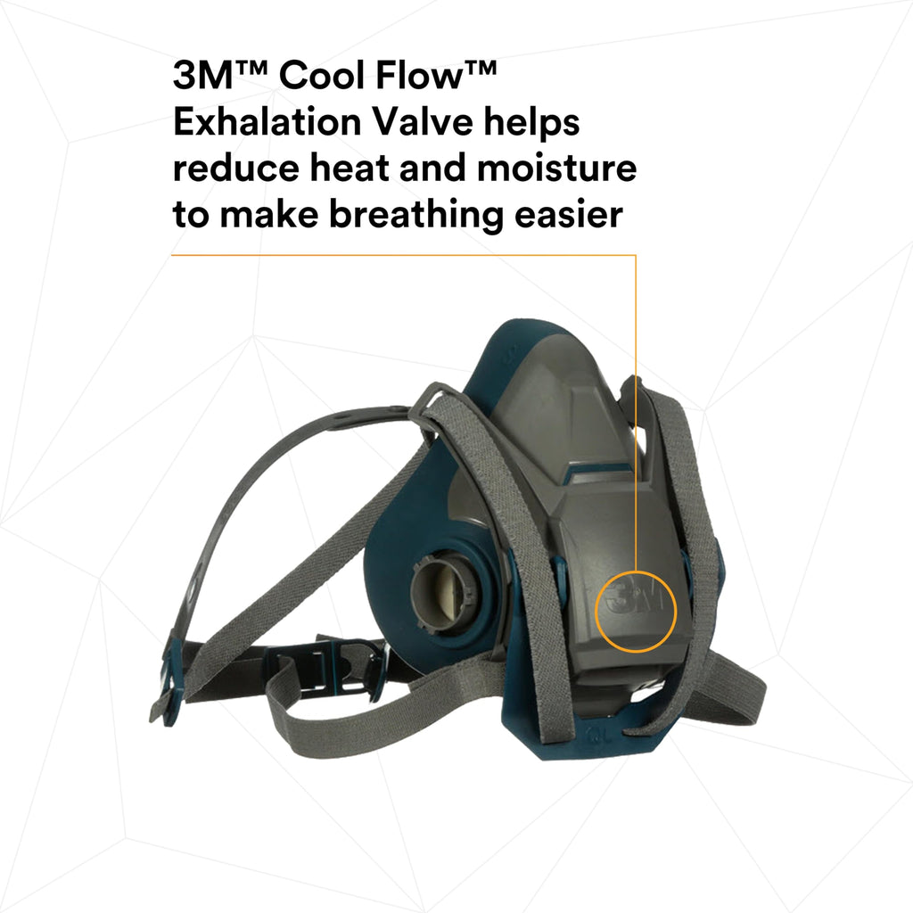 3M Rugged Comfort Quick Latch Half Facepiece Reusable Respirator 6503QL, NIOSH, Cool Flow Exhalation Valve, Bayonet Connection, Silicone Face Seal, for Gases, Vapors, Dust, Maintenance, Construction,L