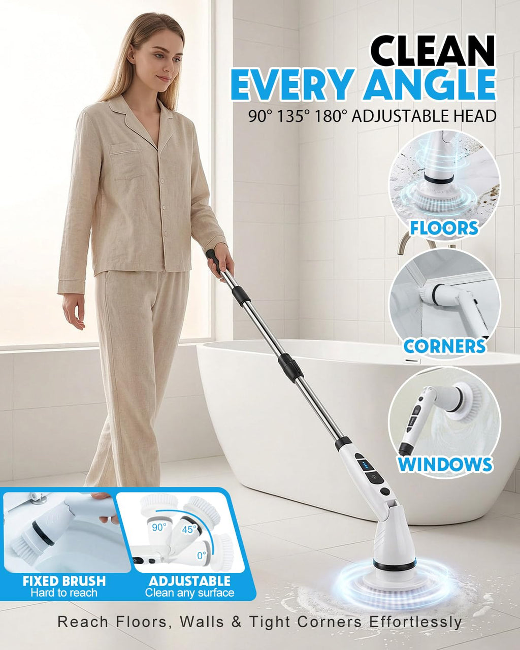 Electric Spin Scrubber, Shower Scrubber with Long Handle, 7 Brush Heads, 2-Speed Cordless Bathroom Cleaning Brush, 54in Extendable Electric Cleaning Brush for Tub, Floor, Kitchen & Barbecue Grill