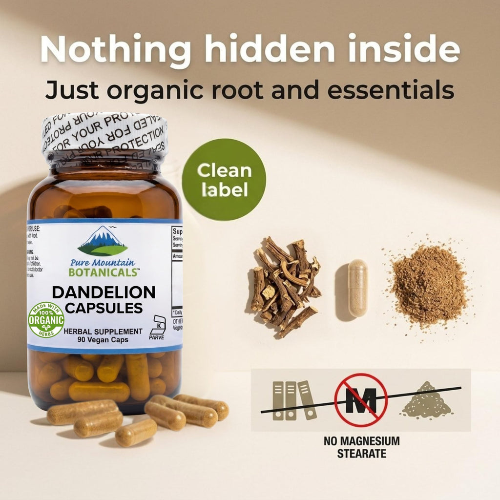 Pure Mountain Botanicals Dandelion Root Capsules - 450mg Organic Supplement - 90 Kosher Vegan Non-GMO Dandelion Pills