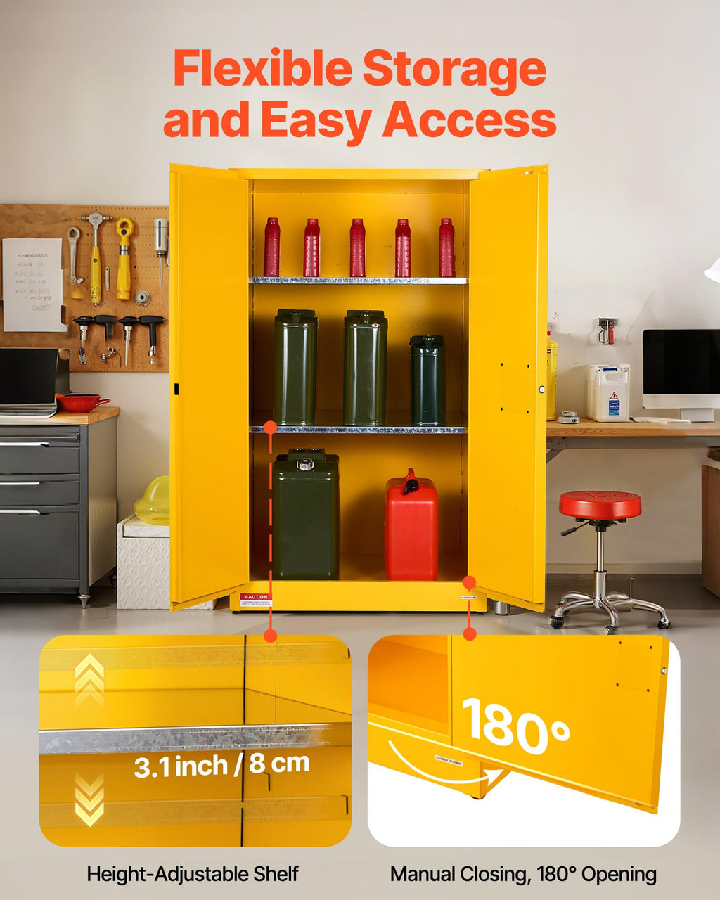 VEVOR Flammable Cabinet 34" x 38" x 65", 65 Gallon Flammable Storage Cabinet with Adjustable Shelf, Cold-Rolled and Galvanized Steel Fire Cabinets, for Commercial Industrial Home Use, Yellow