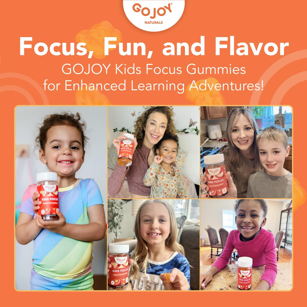 GOJOY NATURALS Kids Focus Gummies - 7-in-1 Focus & Attention Supplement for Kids & Teens w/Saffron Extract, Magnesium Glycinate, L-Theanine, Inositol & More - Vegan, Gluten & Sugar-Free, Non-GMO