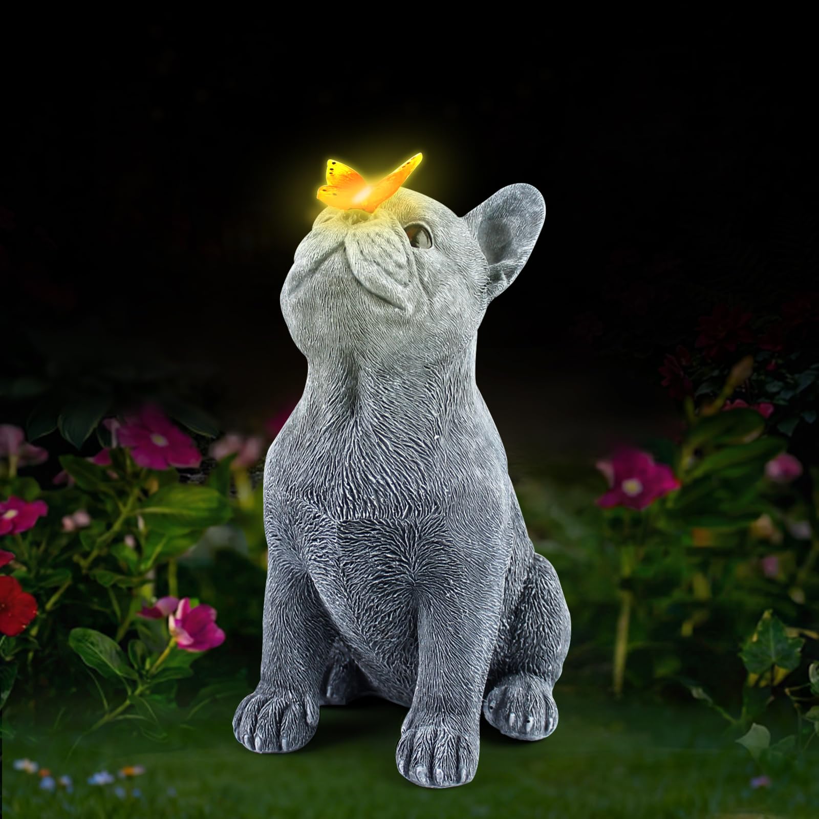 CIYSHO Dog Statue with Solar Butterfly, Cute French Bulldog Garden Statue