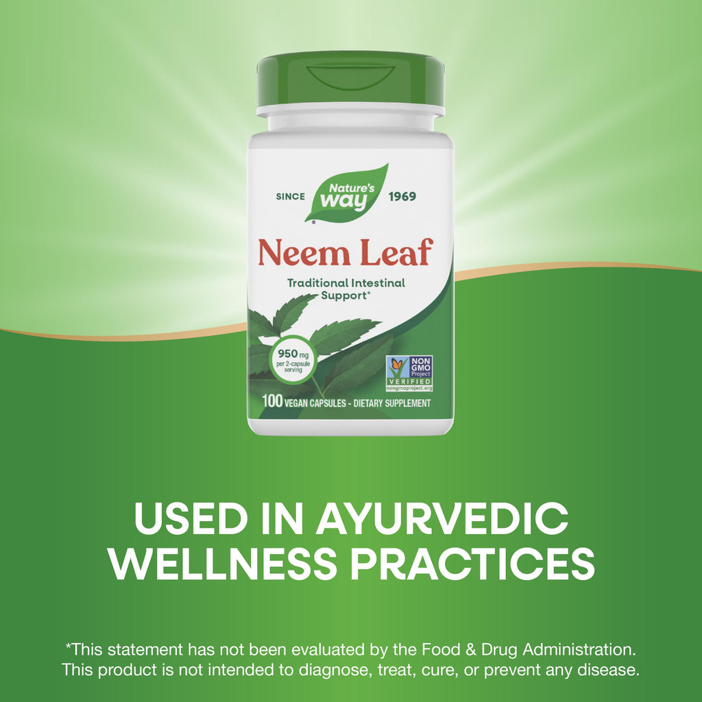 Nature's Way Neem Leaf Capsules,Traditional Intestinal Support*,Used in Ayurveda,950 mg per 2-Capsule Serving,Non-GMO Project Verified,Vegan,(Packaging May Vary),100 Count (Pack of 2)