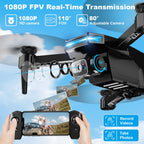 Drone with 1080P Camera - Foldable Remote Control Quadcopter with Gesture Control, 3D Flip, One Key Start, Emergency Stop, 2 Batteries, Easier to use, Toy for Adult Beginners, Black&Blue