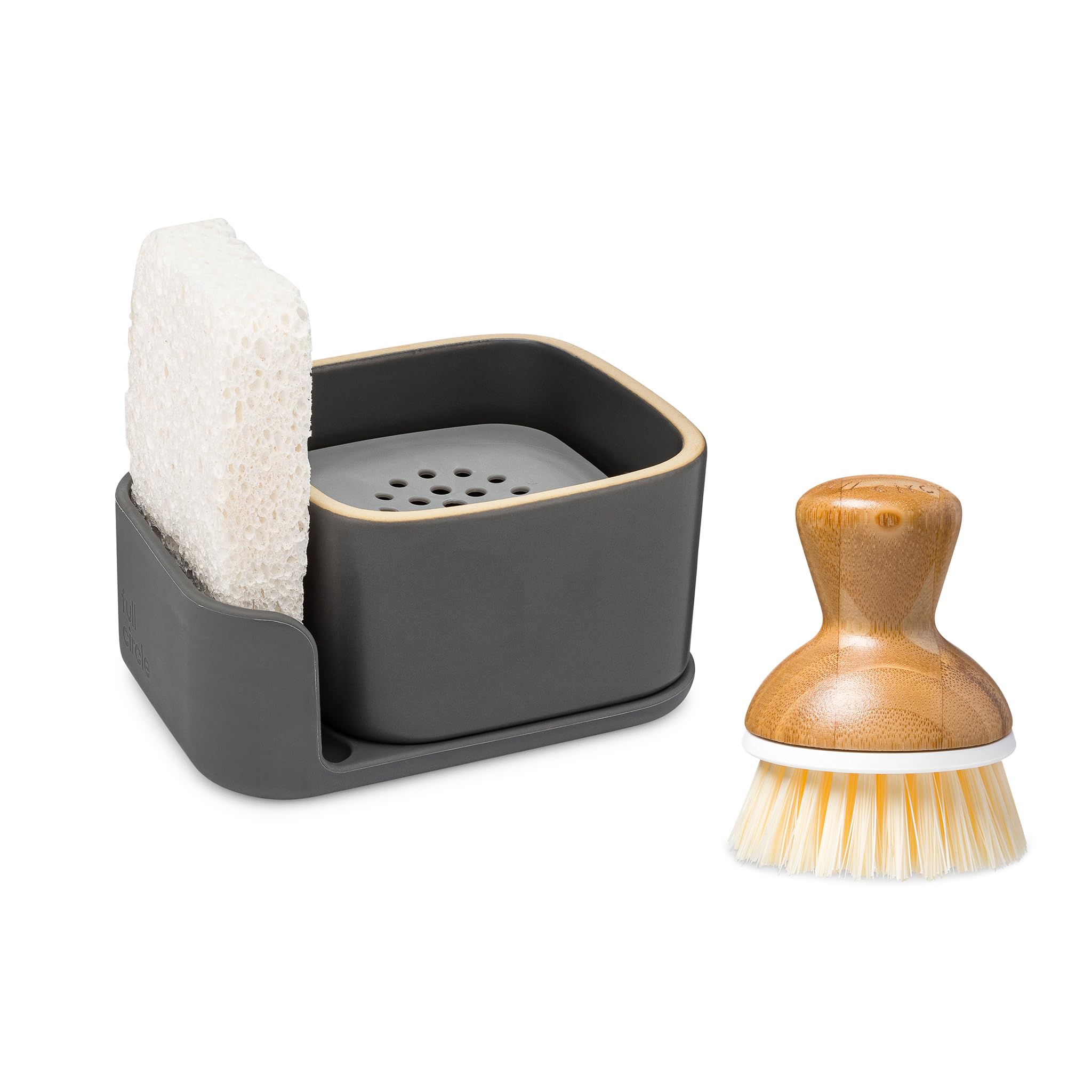 Full Circle Bubble Up Combo — Family Safe, Formaldehyde-Free – Gray Ceramic Soap Dish with Plant-Based Sponge & Bamboo Dish Brush – Versatile Kitchen Scrub Brush Set for Pots, Pans, Counter & Ovens