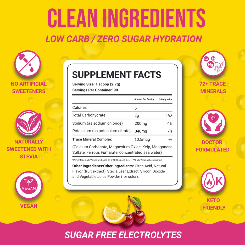 Dr. Price’s Electrolytes Powder Bulk – Cherry Lemonade, 90 Servings | Sugar Free Hydration Drink Mix with 72+ Trace Minerals, Manganese | Keto, Vegan, Doctor-Formulated, Made in USA