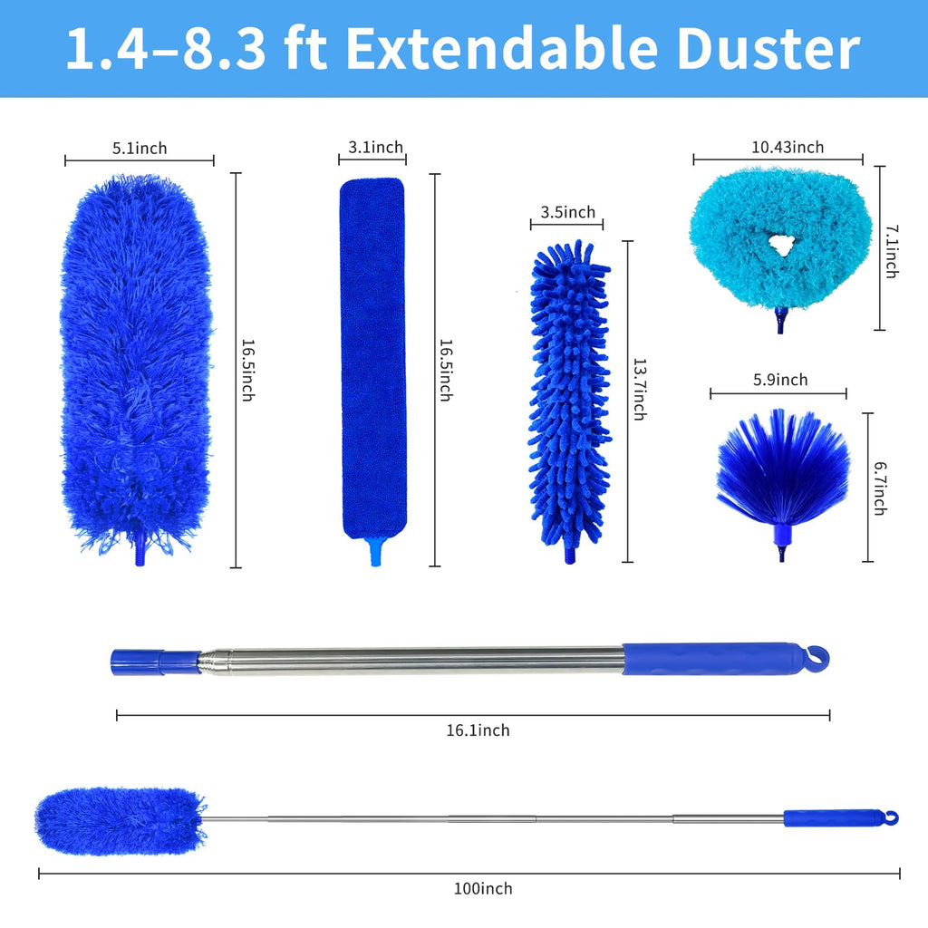 Tiumso Ceiling Fan Cleaner Dusters for Cleaning 6-in-1 Kit, Cobweb Duster with Extension Pole, 100 Inches High Ceiling Fan Blade Cleaners with 5 Reuseable Dusting Heads for Windows and Blinds- Blue