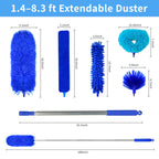 Tiumso Ceiling Fan Cleaner Dusters for Cleaning 6-in-1 Kit, Cobweb Duster with Extension Pole, 100 Inches High Ceiling Fan Blade Cleaners with 5 Reuseable Dusting Heads for Windows and Blinds- Blue