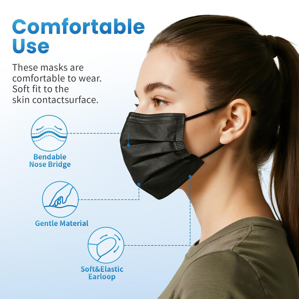 Borje Disposable Face Mask, 100 PCS Black Masks, 3 Ply Protection Face Masks
