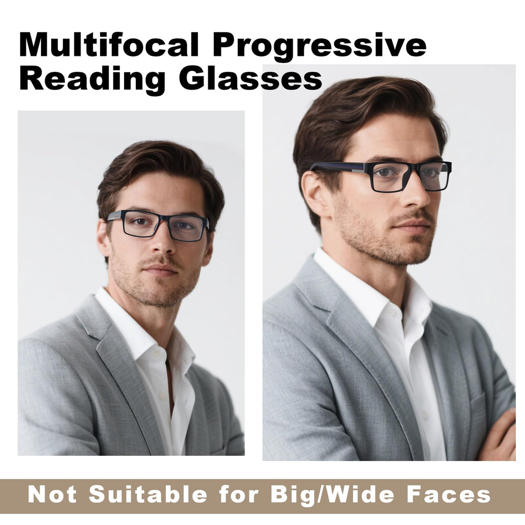 2 Pack Excellent Unbreakable Progressive Multifocus Reading Glasses for Men, TR90 Thick Frame Blue Light Blocking Glasses Anti UV/Eye Strain Computer Readers No-Line Multifocal Eyeglasses, +1.75x