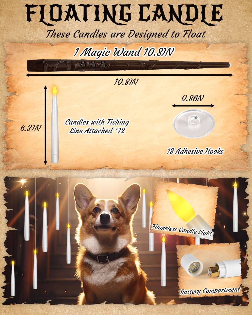 pmgro 20pcs Flameless Taper Candles with Remote, 3D Window Candle, Floating Hanging Candles with Wand, 6.3IN Led Taper Candle Battery Operated, Christmas Decor for Home Wedding,Halloween