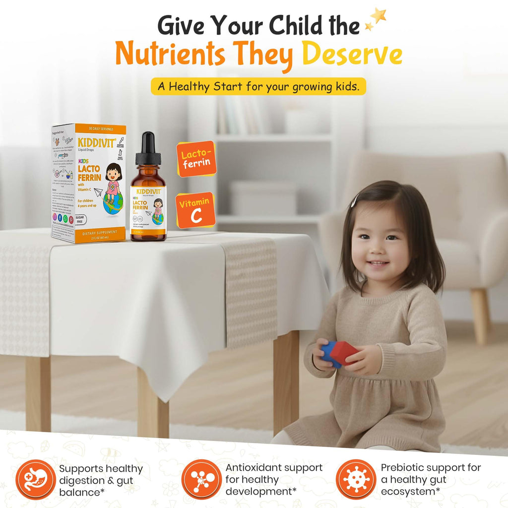 Kiddivit Lactoferrin Kids Liquid Drops with Vitamin C – 30 Daily Servings, 2 FL OZ (60 mL) – Immune & Digestive Support – Sugar Free, Gluten Free
