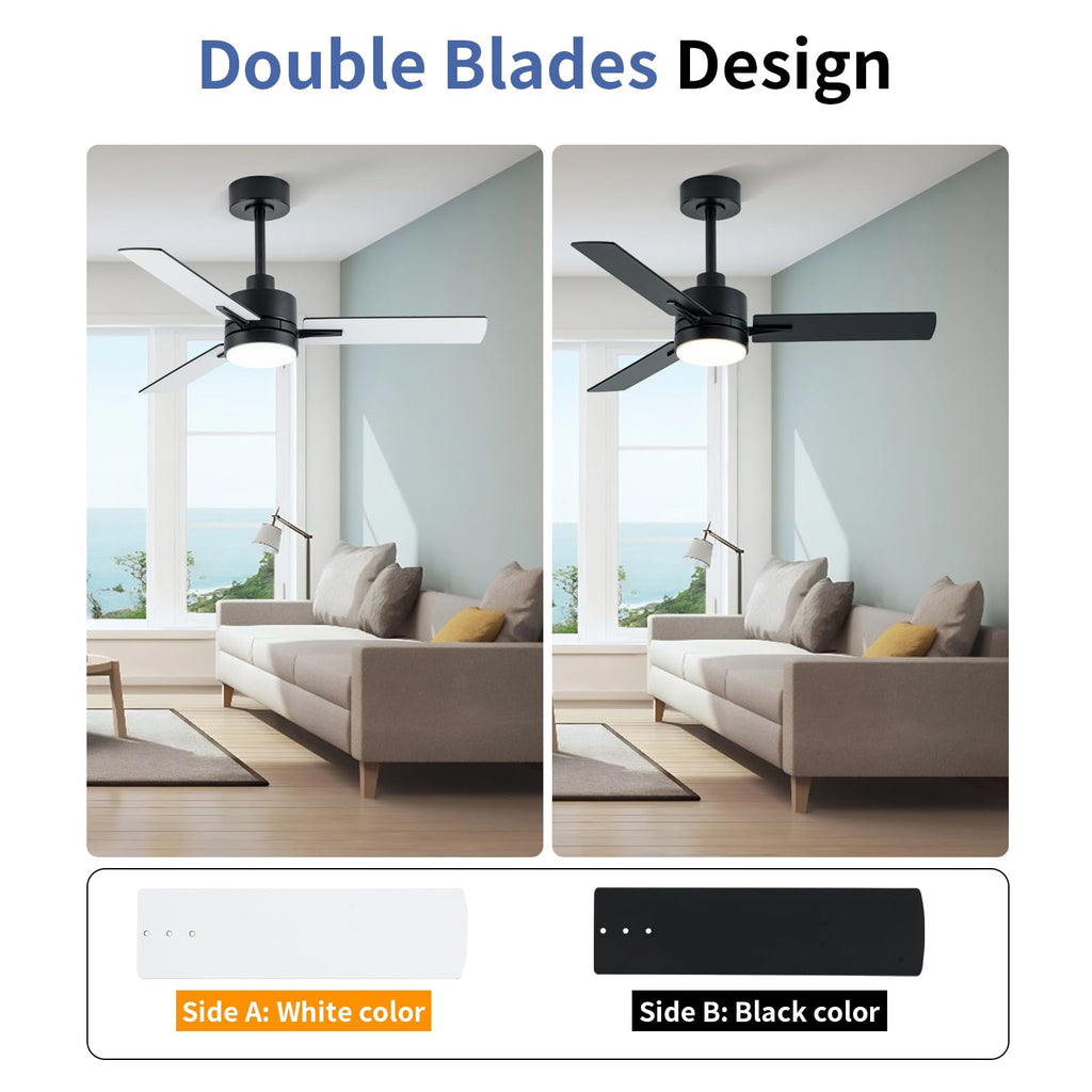 LANMEL 42 Inch Metal Ceiling Fan with Light, Modern Flush Mount Low Profile with Remote Control, Reversible, 3cct Dimmable, Quiet, Black LED for Bedroom, Living Room, Indoor/Outdoor Patio Use